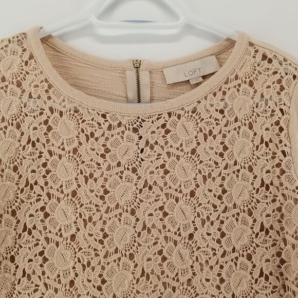 Anne Taylor Sweater Women's Tan 3/4 Sleeve Rear 1/4 Zip Crocheted Front Cotton - Picture 6 of 11